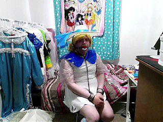 Shiny PVC Cosplay Sissy Lillie Gagged Breathplay Stinky Socks Vibrator