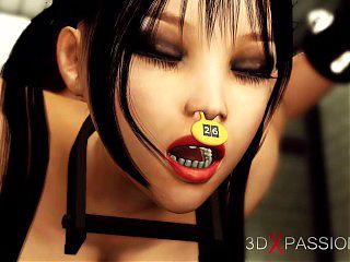 Sexy brunette with perfect huge tits in restraints loves to fuck with futanari