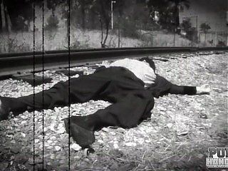 PUBLIC HANDJOBS Silent movie star in peril Christie Stevens jerks cock on railroad tracks